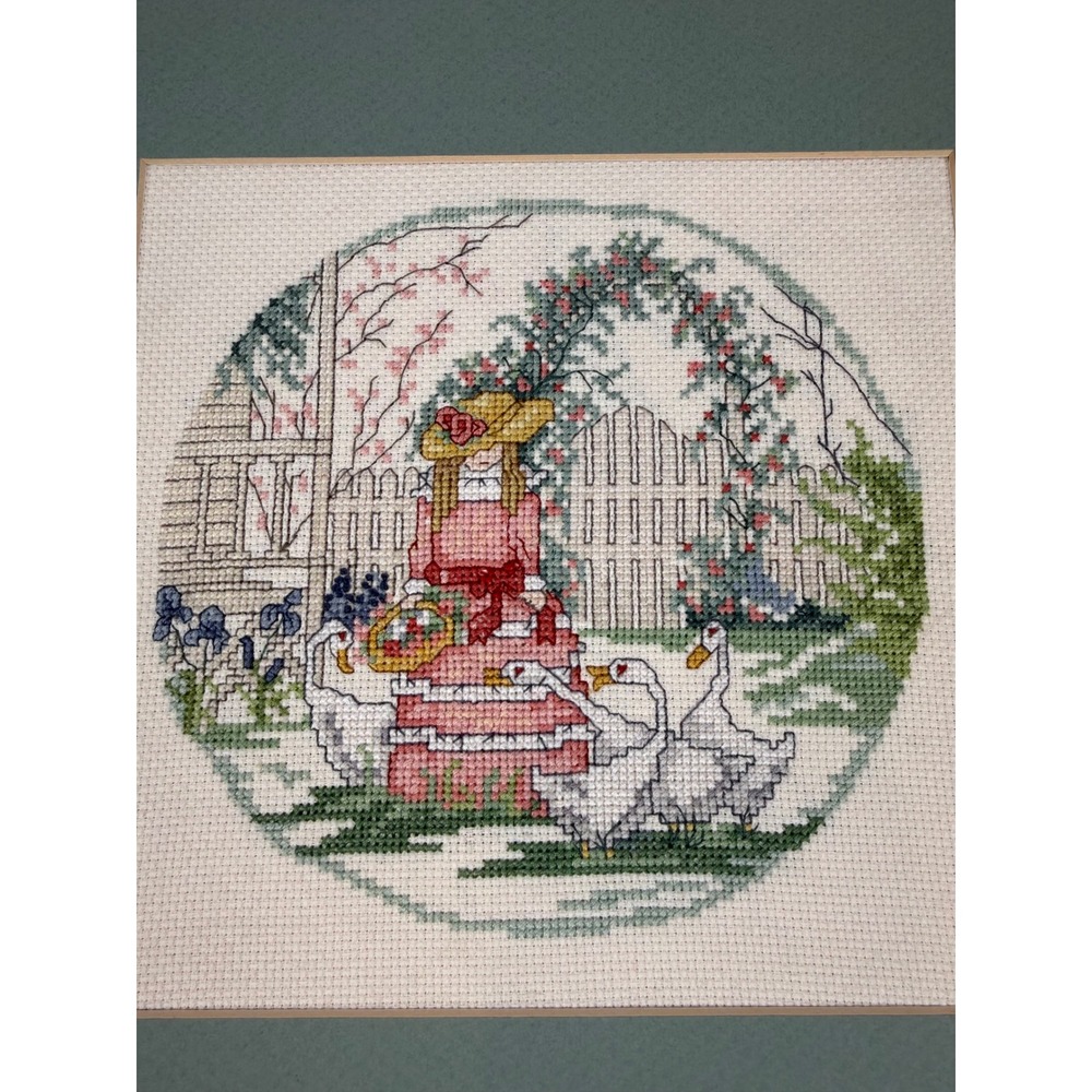 Vintage Finished Cross Stitch Girl with Geese Garden Scene Matted Wall Art - Picture 2 of 6